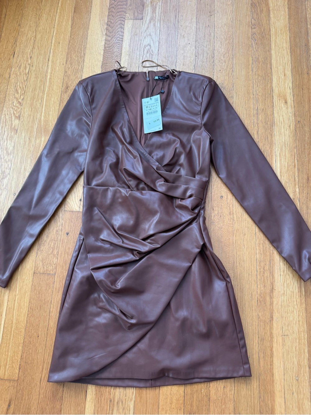 Zara Brown Faux Leather Long Sleeve Wrap Dress